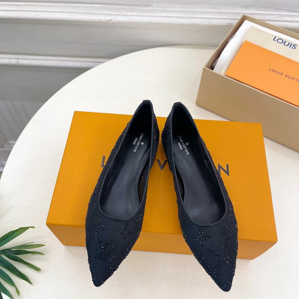 LV Gala Rhinestone Pointed Toe Flat Black Mesh 425136