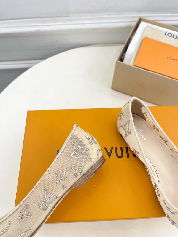 LV Gala Rhinestone Pointed Toe Flat Beige Mesh 425137