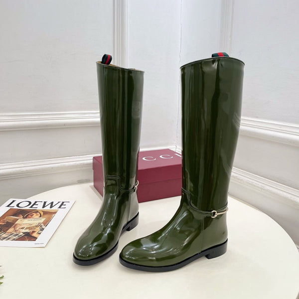 Gucci 25𝐬𝐬 horsebit long boots dark olive green patent calfskin 435383