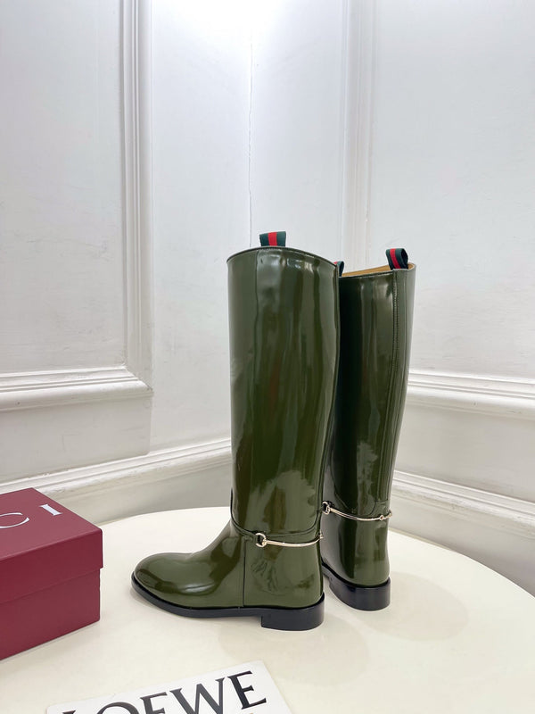 Gucci 25𝐬𝐬 horsebit long boots dark olive green patent calfskin 435383