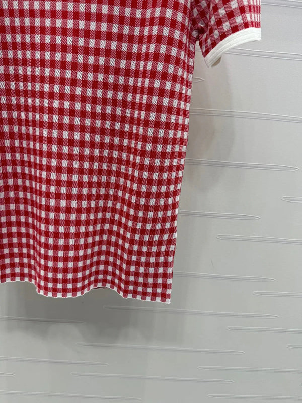 MIUMIU TOP IN MAGLIA A SCACCHI CON SCOLLO GIROCOLLO E MANICHE CORTE 274834