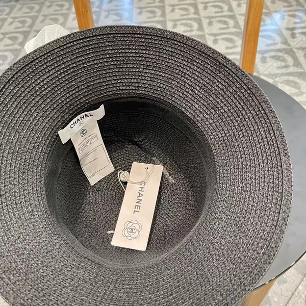 STRAW HAT BOW WITH PEARL BLACK 672699