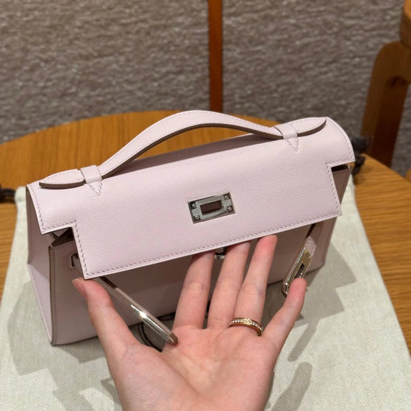 HM KELLY POCHETTE 22 IN LIGHT PINK CALFSKIN SILVER HARDWARE