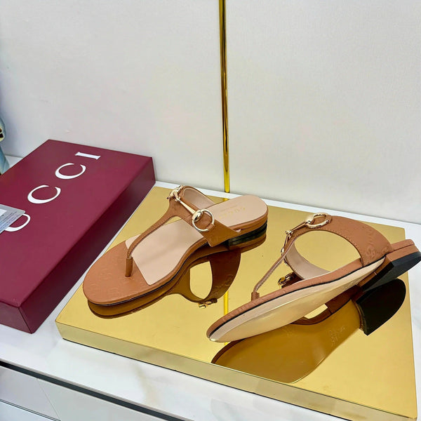 THONG SANDALS IN BROWN LAMBSKIN PRINTED LOGO WITH GOLD HARDWARE