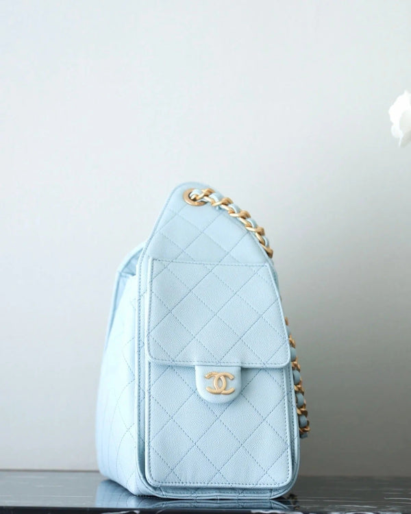 CHANEL 25S HOBO BAG 30 CM IN PASTEL BLUE LAMBSKIN WITH GOLD HARDWARE