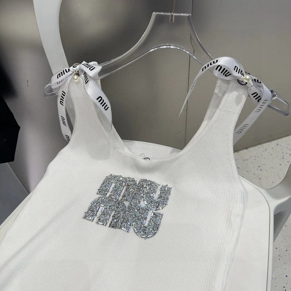 TANK TOP 622143 IN WHITE COTTON RIBBED EMBOSSED CRYSTAL