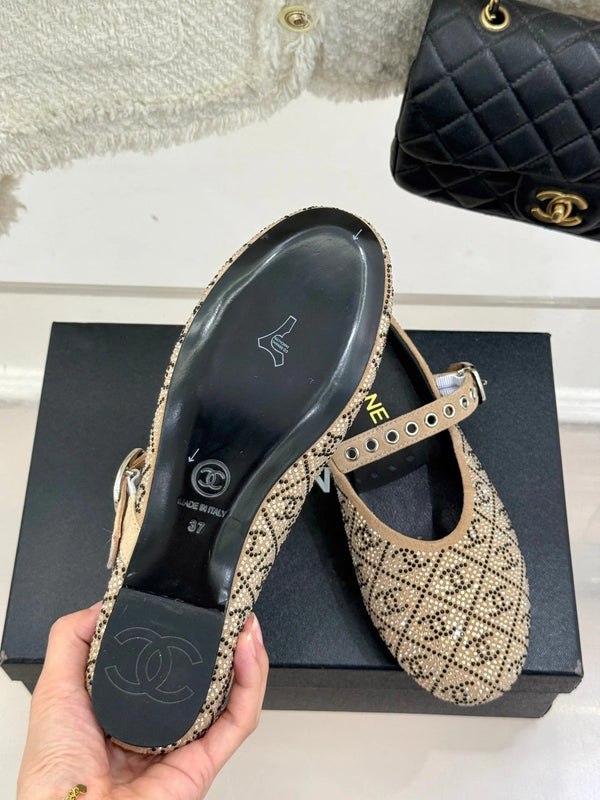 CC Flat Mules 25ss In Beige Embellished With Rhinestones