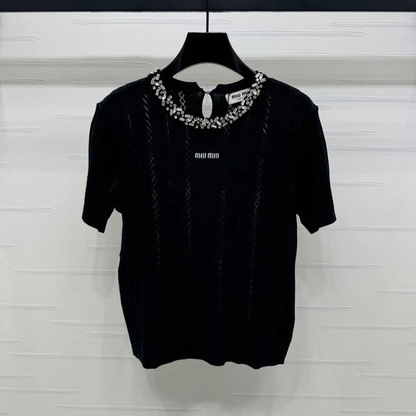 MIU 25S RHINESTONE COLLAR T-SHIRT 264097