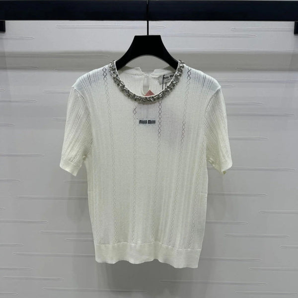 MIU 25S RHINESTONE COLLAR T-SHIRT 264095