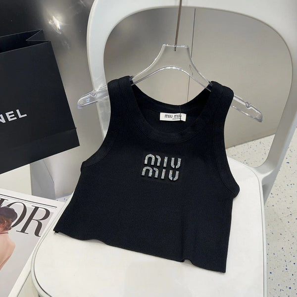 CANOTTA IN VISCOSA 643230 IN MAGLIA A COSTINE NERA CON LOGO DECORATO