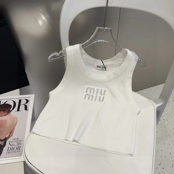 CANOTTA IN VISCOSA 643229 IN MAGLIA DI COTONE BIANCO A COSTINE CON LOGO DECORATO