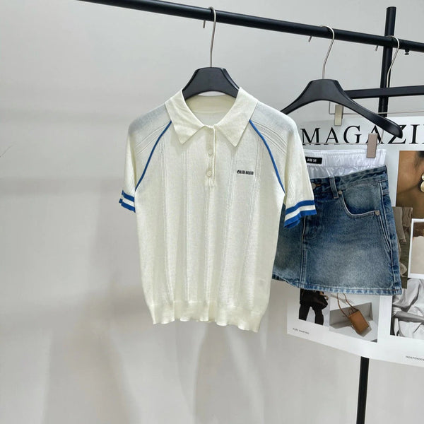 MIUMIU SHORT-SLEEVE RAGLAN POLO SHIRT IN BLUE AND WHITE 267966