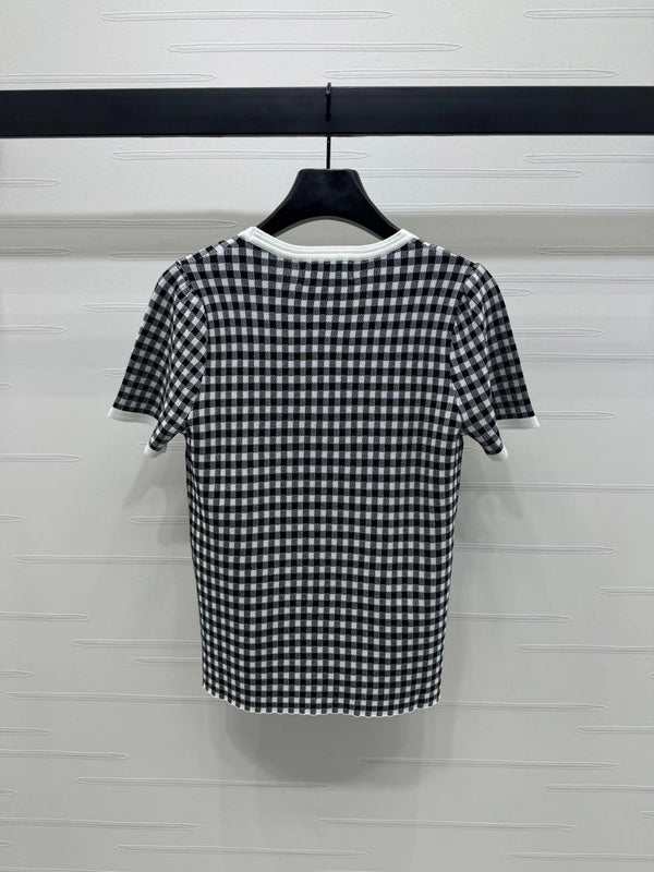 MIUMIU TOP IN MAGLIA A QUADRI A MANICHE CORTE CON SCOLLO GIROCOLLO 274833