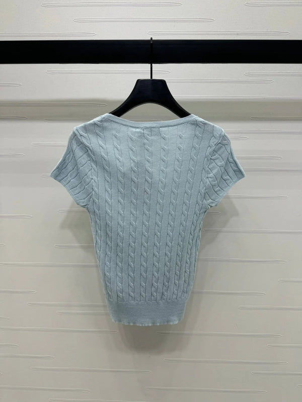 MIUMIU MAGLIA A MANICHE CORTE IN MAGLIA CON SCOLLO A U AZZURRO CHIARO 274948