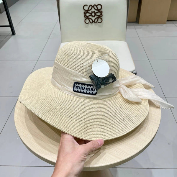 MM WIDE-BRIM BEACH HAT IN LIGHT BEIGE WITH FABRIC BOW
