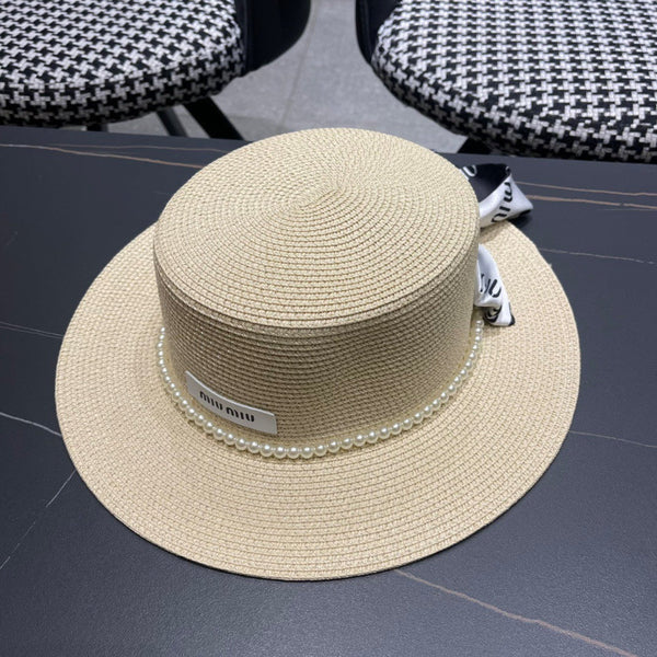 MM SMALL-BRIM STRAW HAT IN LIGHT BEIGE AND PEARL EMBELLISHED
