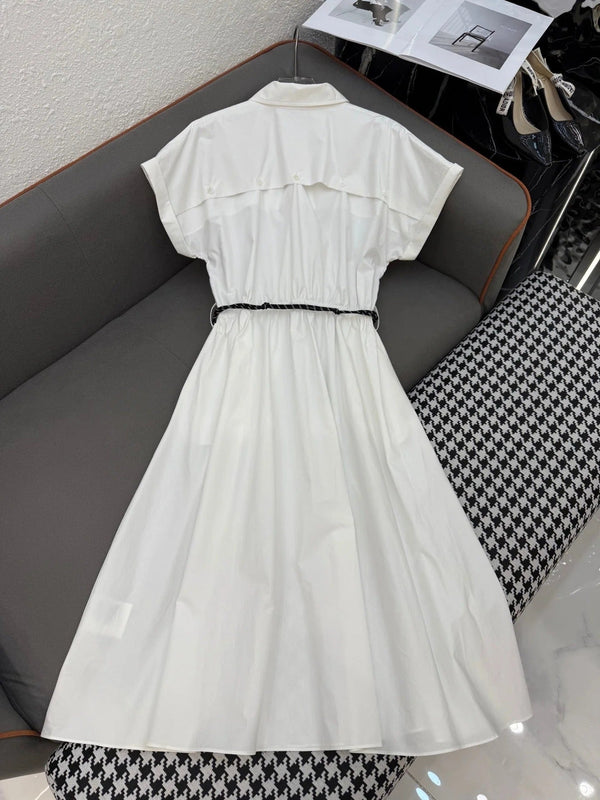MM LONG DRESS IN WHITE TEXTURED FABRIC WITH BELT
