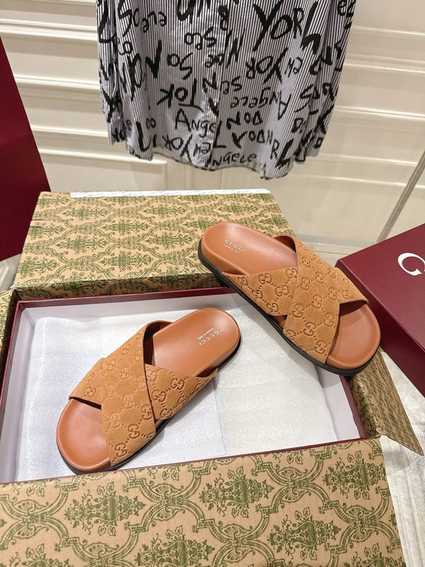 GG SLIDES IN BURNT ORANGE SUEDE WITH EMBOSSED LOGO STYLE 11