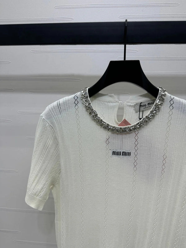 MIU 25S RHINESTONE COLLAR T-SHIRT 264095