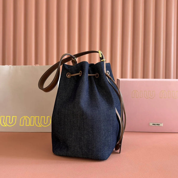 BUCKET BAG 29 DENIM BLUE AND BRANDY IN CANVAS
