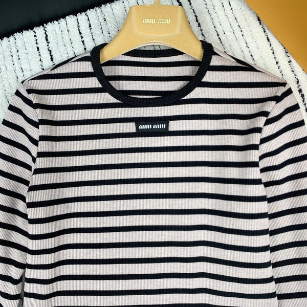 MIUMIU STRIPED KNIT SWEATER WITH CREW NECK 274375
