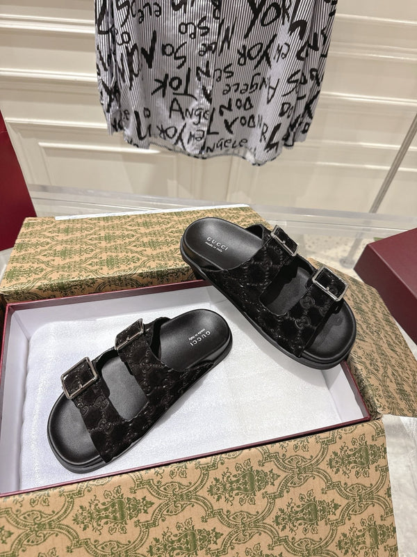 SANDALS IN BLACK SUEDE EMBOSSED LOGO SILVER HARDWARE