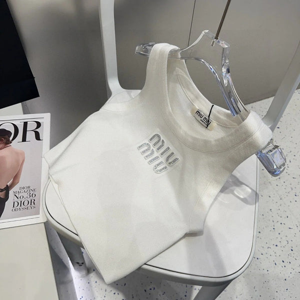 CANOTTA IN VISCOSA 643229 IN MAGLIA DI COTONE BIANCO A COSTINE CON LOGO DECORATO