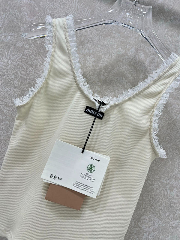 MIUMIU KNIT TANK TOP WITH RUFFLED TRIM 275104