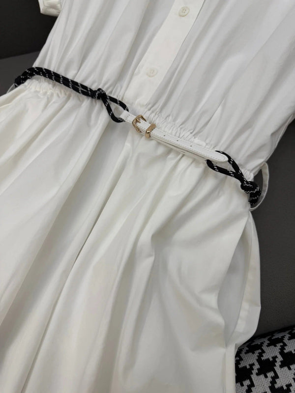 MM LONG DRESS IN WHITE TEXTURED FABRIC WITH BELT