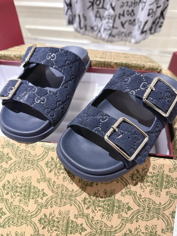 SANDALS IN NAVY BLUE SUEDE EMBOSSED LOGO SILVER HARDWARE