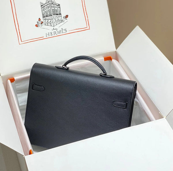 KELLY DEPECHES 38 BRIEFCASE IN BLACK TOGO CALFSKIN SILVER HARDWARE