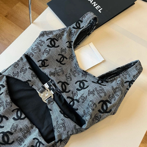 SWIMSUIT IN GREY AND BLACK PRINTED LOGO 626006