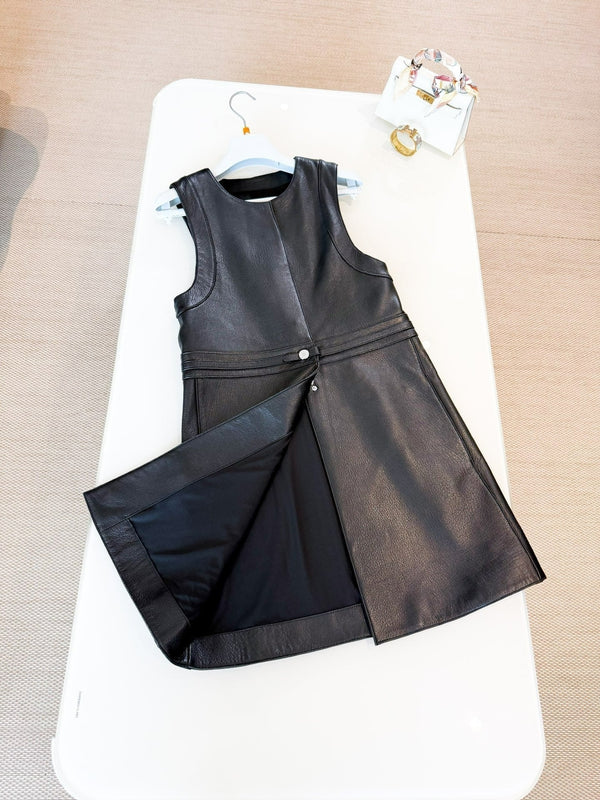 HERMES 25S LEATHER-BUCKLE WAIST VEST DRESS 120