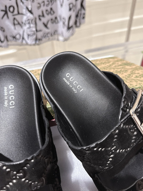 SANDALS IN BLACK SUEDE EMBOSSED LOGO SILVER HARDWARE