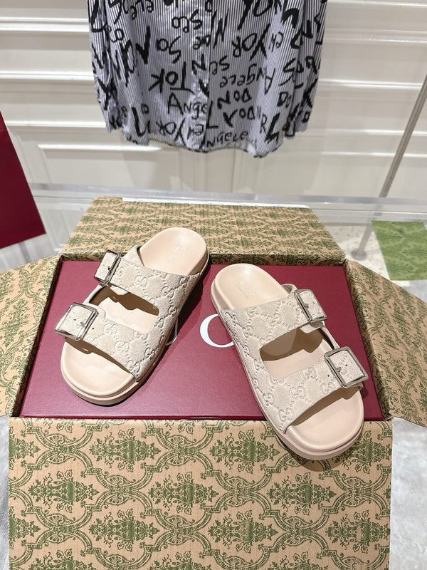 SANDALS IN NUDE BEIGE SUEDE EMBOSSED LOGO SILVER HARDWARE