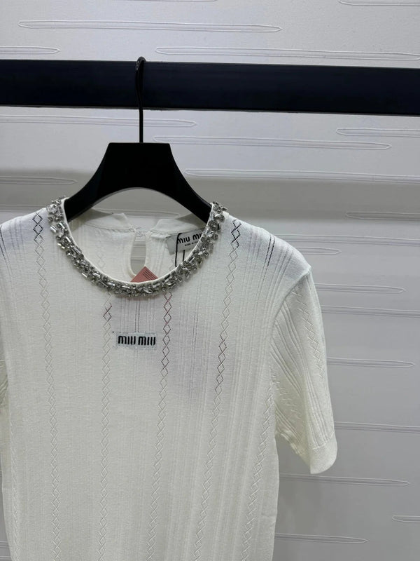 MIU 25S RHINESTONE COLLAR T-SHIRT 264095