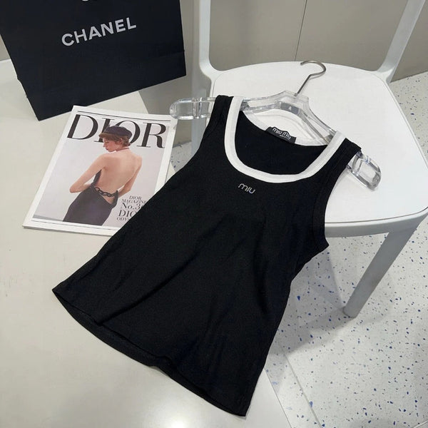 TANK TOP 615176 IN BLACK COTTON RIBBED WHITE TRIM