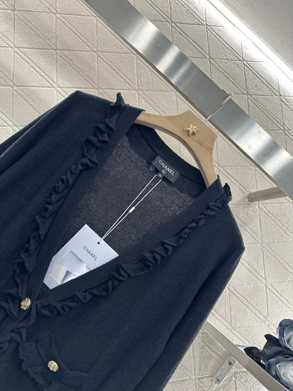 CHANEL RUFFLE-TRIM KNITTED CARDIGAN DRESS SET 276599