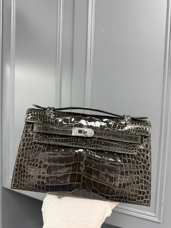 HM KELLY MINI 22 IN BROWN AMERICAN ALLIGATOR SILVER BUCKLE