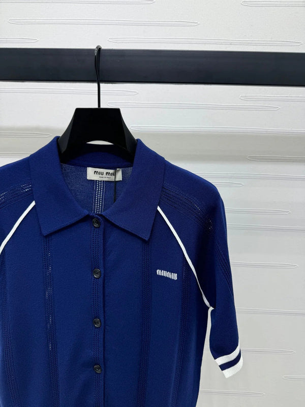 MIU 25S ROUND NECK STRIPED KNIT RAGLAN SHORT SLEEVES 264109