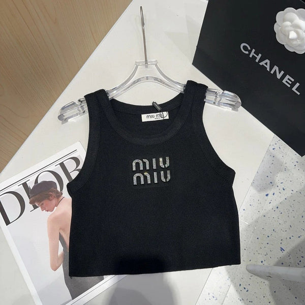 CANOTTA IN VISCOSA 643230 IN MAGLIA A COSTINE NERA CON LOGO DECORATO