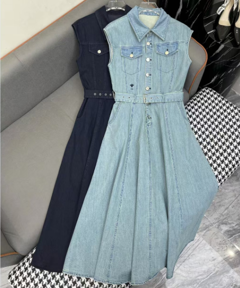 CD 25 Denim Sleeveless Dress Navy Blue and Blue Cotton