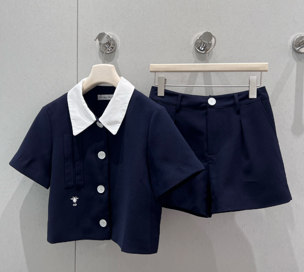 CD 25 Short-sleeved Jacket with Pleated Shorts Set Blue Polyester 220935