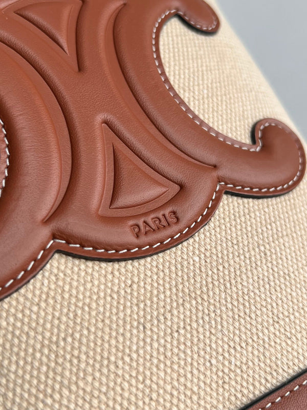 SMALL BUCKET CUIR TRIOMPHE 24CM IN STRIPED TEXTILE AND TAN CALFSKIN