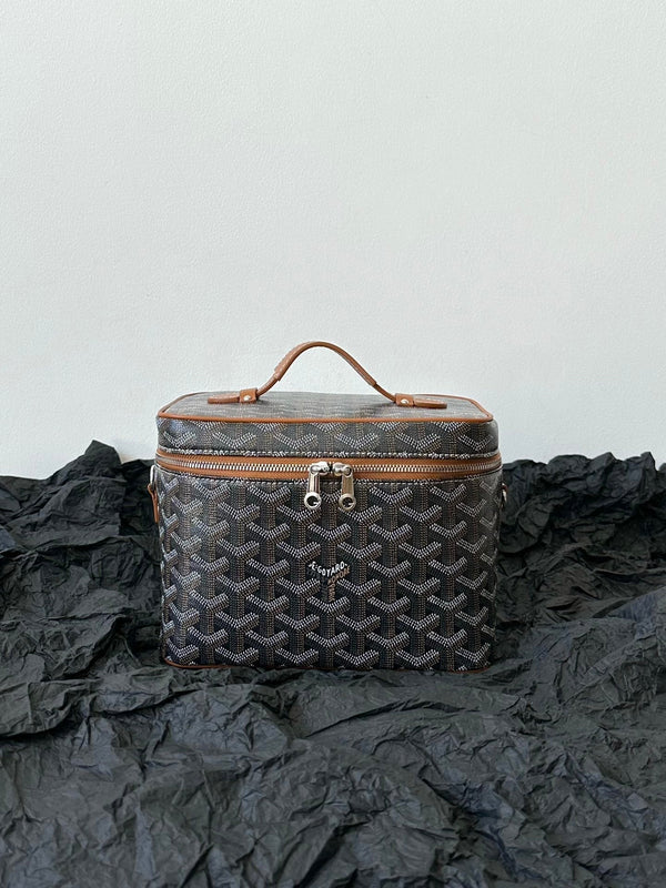 BORSA PER TRUCCO GOYA 20 CM IN TELA NERA E MARRONE CHIARO