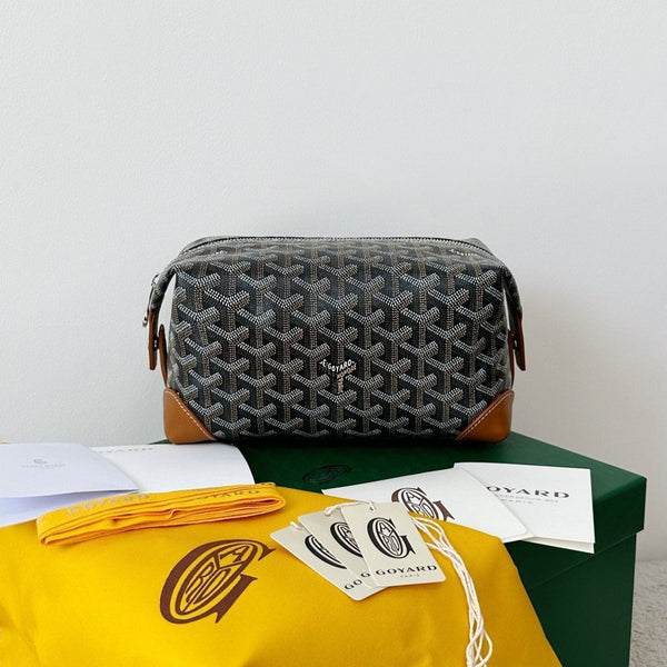 BORSA PER COSMETICI GOYA 24 CM IN TELA NERA E MARRONE CHIARO