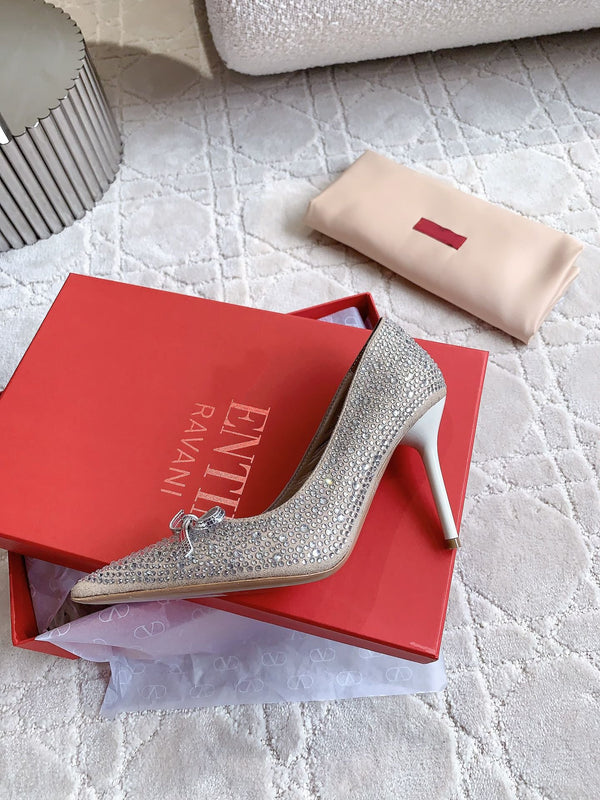 Décolleté con tacco alto e cristalli, 10 cm, color cannella e rosa con cristalli