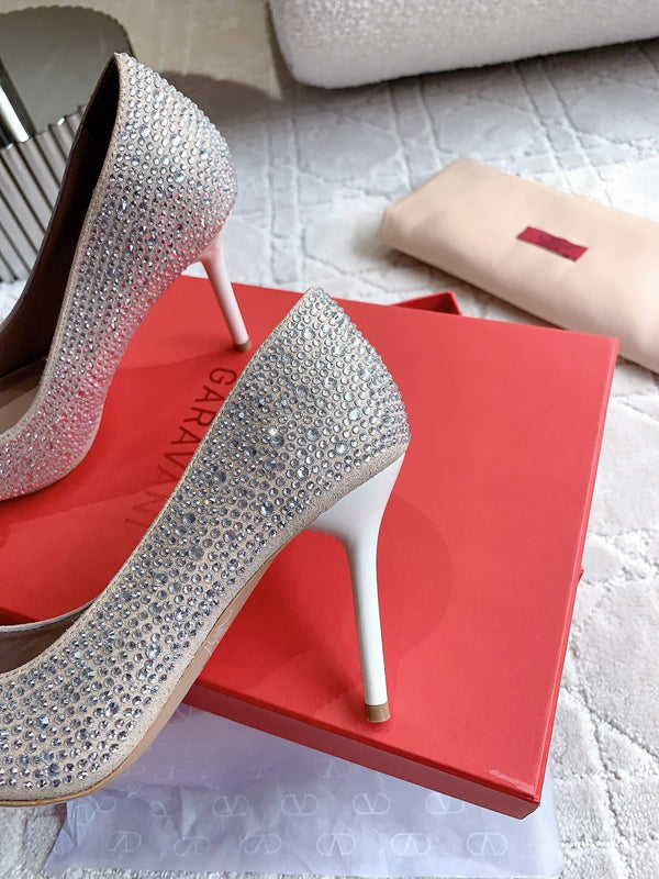 Décolleté con tacco alto e cristalli, 10 cm, color cannella e rosa con cristalli