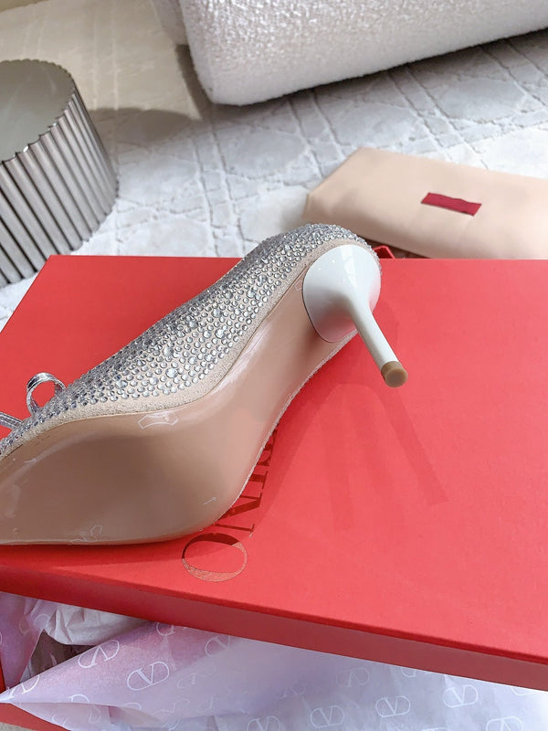 Décolleté con tacco alto e cristalli, 10 cm, color cannella e rosa con cristalli