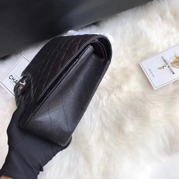 FLAP BAG 33CM BLACK CAVIAR SILVER HARDWARE